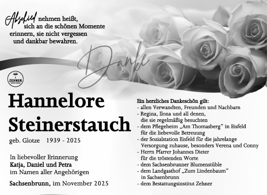 Traueranzeige von Hannelore Steinerstauch von Südthüringer Presse