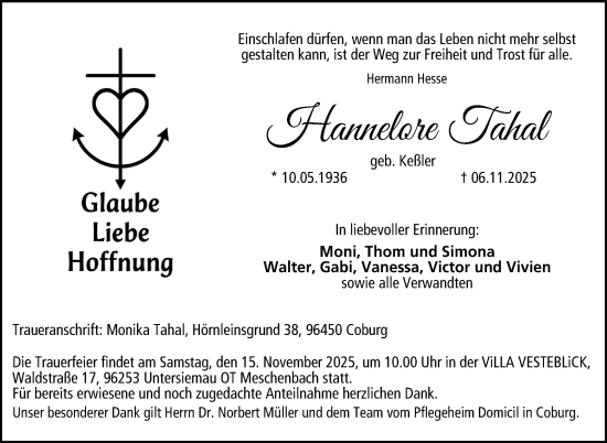 Traueranzeige von Hannelore Tahal von Neue Presse Coburg