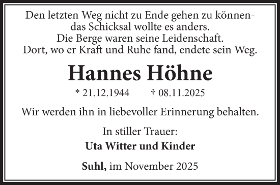 Traueranzeige von Hannes Höhne von Südthüringer Presse