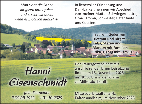 Traueranzeige von Hanni Eisenhut von Südthüringer Presse