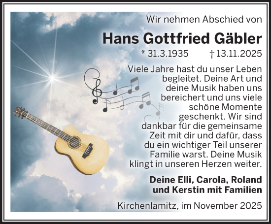 Traueranzeige von Hans Gäbler von Frankenpost