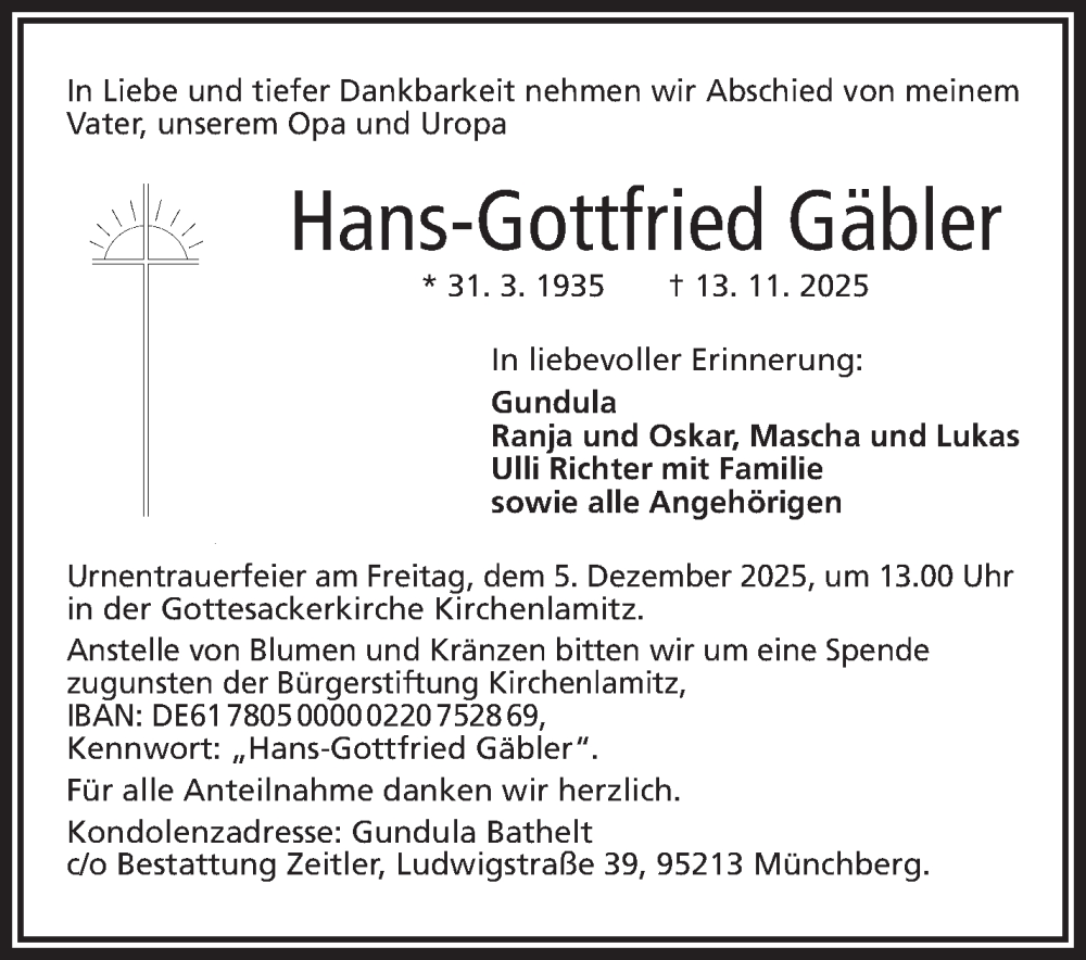  Traueranzeige für Hans-Gottfried Gäbler vom 29.11.2025 aus Frankenpost
