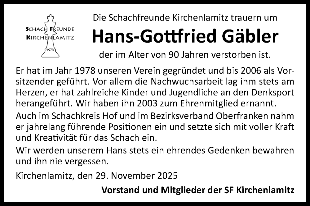  Traueranzeige für Hans-Gottfried Gäbler vom 29.11.2025 aus Frankenpost