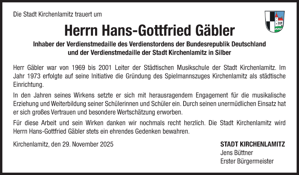  Traueranzeige für Hans-Gottfried Gäbler vom 29.11.2025 aus Frankenpost