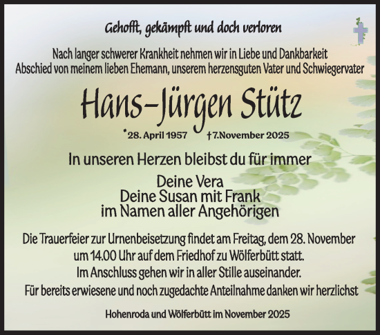 Traueranzeige von Hans-Jürgen Stütz von Südthüringer Presse