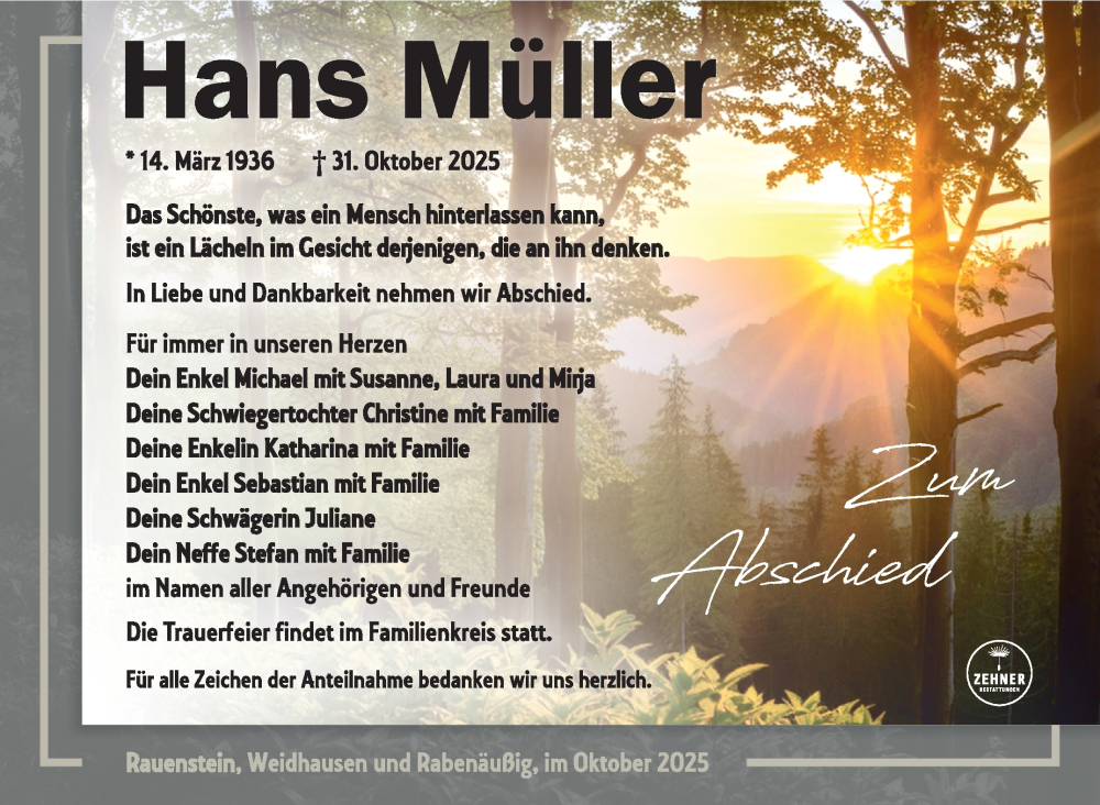  Traueranzeige für Hans Müller vom 22.11.2025 aus Südthüringer Presse