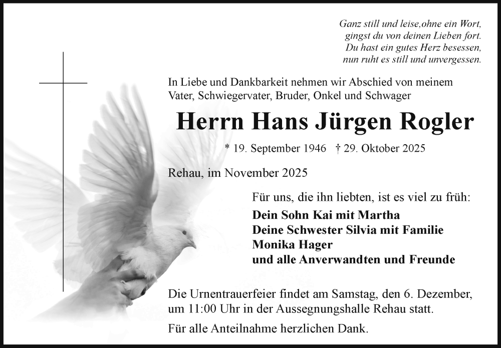  Traueranzeige für Hans Jürgen Rogler vom 29.11.2025 aus Frankenpost