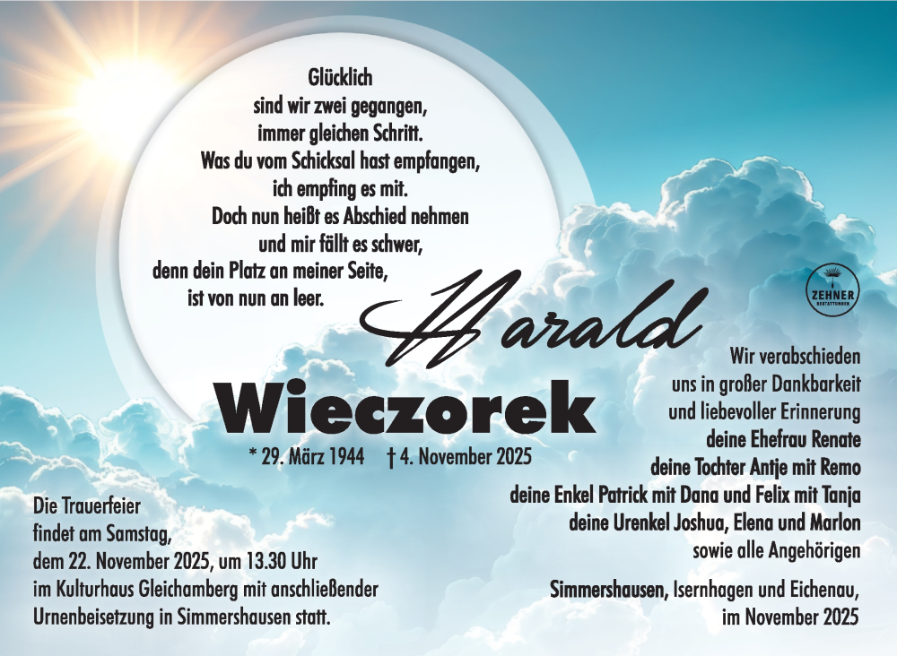  Traueranzeige für Harald Wieczorek vom 15.11.2025 aus Südthüringer Presse
