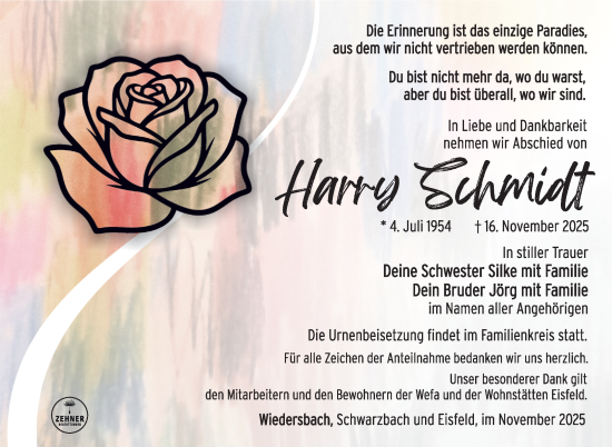 Traueranzeige von Harry Schmidt von Südthüringer Presse