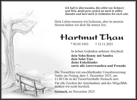 Traueranzeige von Hartmut Thau von Südthüringer Presse