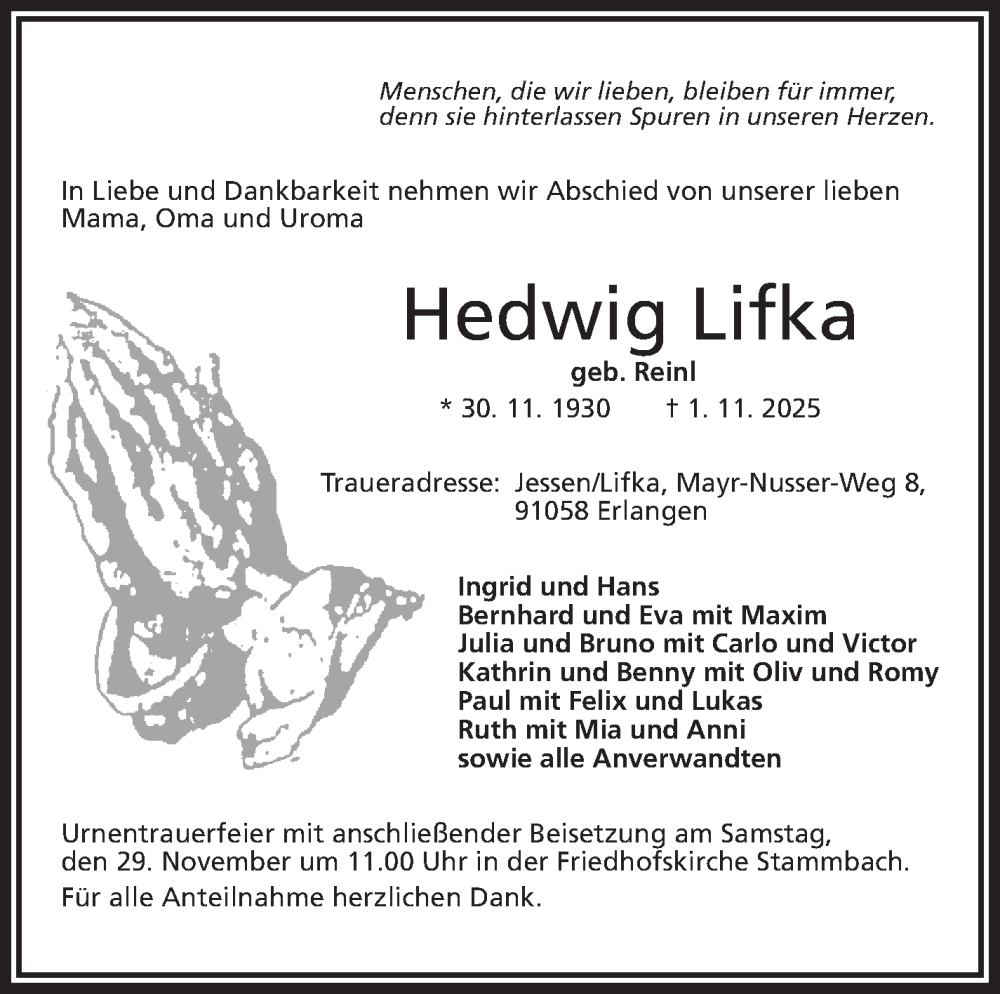  Traueranzeige für Hedwig Lifka vom 26.11.2025 aus Frankenpost