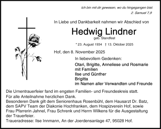 Traueranzeige von Hedwig Lindner von Frankenpost