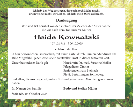 Traueranzeige von Heide Kownatzki von Südthüringer Presse