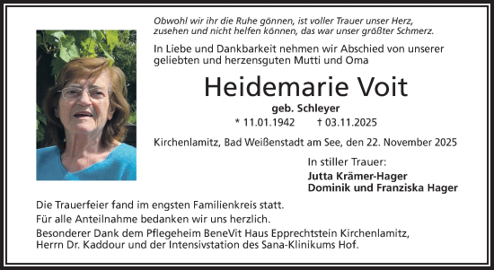 Traueranzeige von Heidemarie Voit von Frankenpost