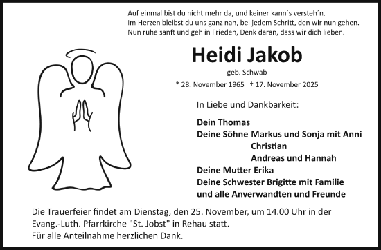 Traueranzeige von Heidi Jakob von Frankenpost