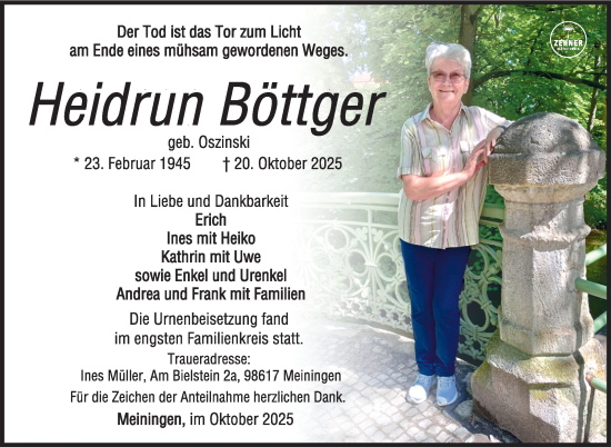 Traueranzeige von Heidrun Böttger von Südthüringer Presse