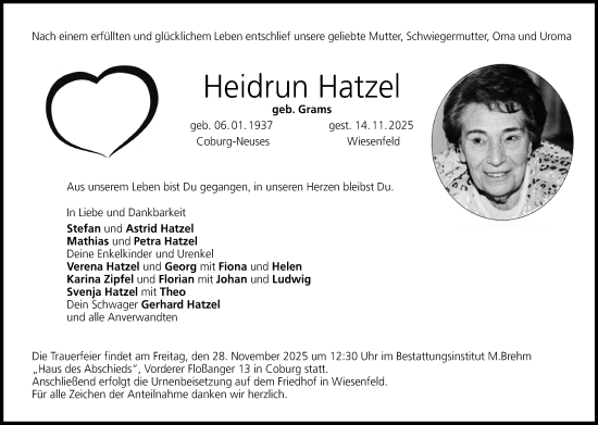Traueranzeige von Heidrun Hatzel von Neue Presse Coburg