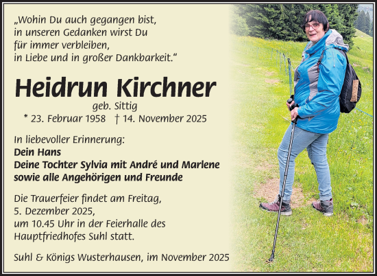 Traueranzeige von Heidrun Kirchner von Südthüringer Presse
