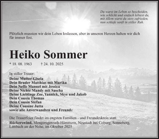 Traueranzeige von Heiko Sommer von Südthüringer Presse