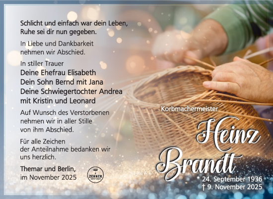 Traueranzeige von Heinz Brandt von Südthüringer Presse
