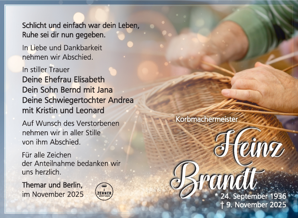  Traueranzeige für Heinz Brandt vom 15.11.2025 aus Südthüringer Presse