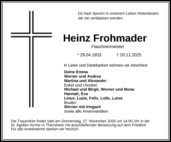 Traueranzeige von Heinz Frohmader von Frankenpost