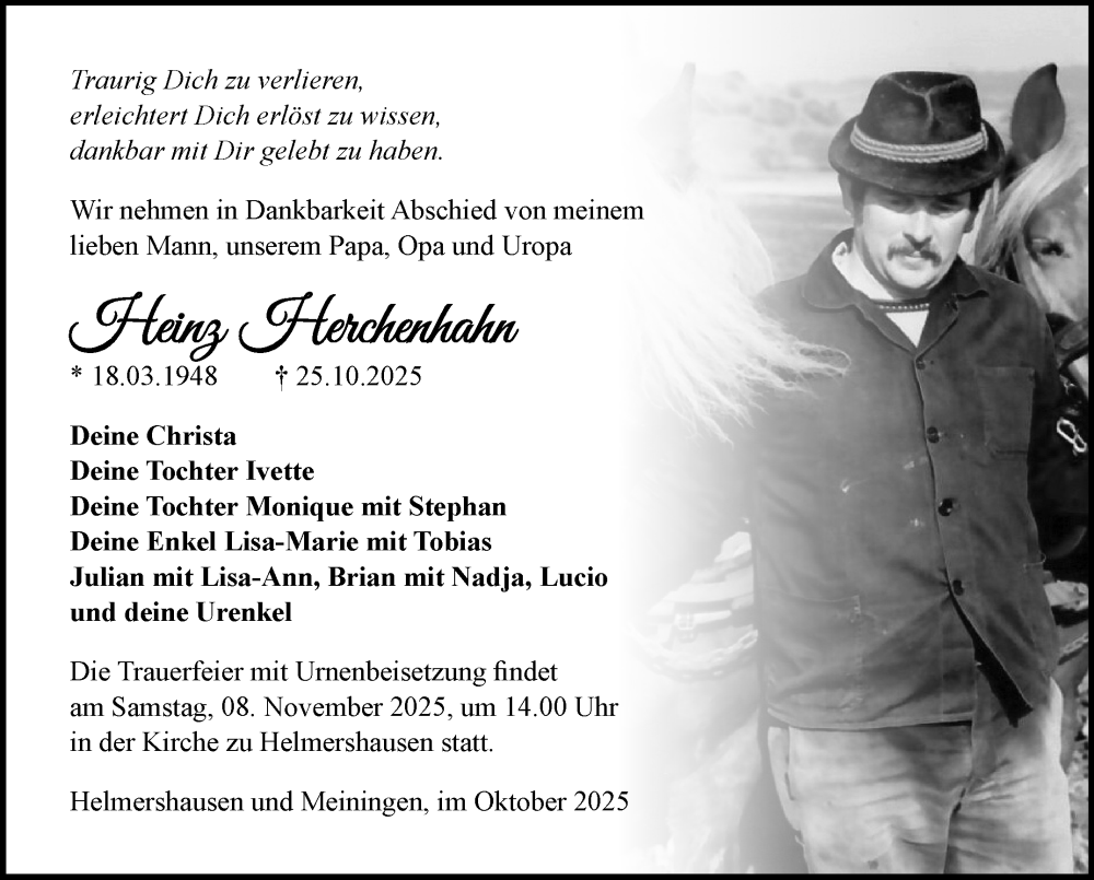  Traueranzeige für Heinz Herchenhahn vom 05.11.2025 aus Südthüringer Presse