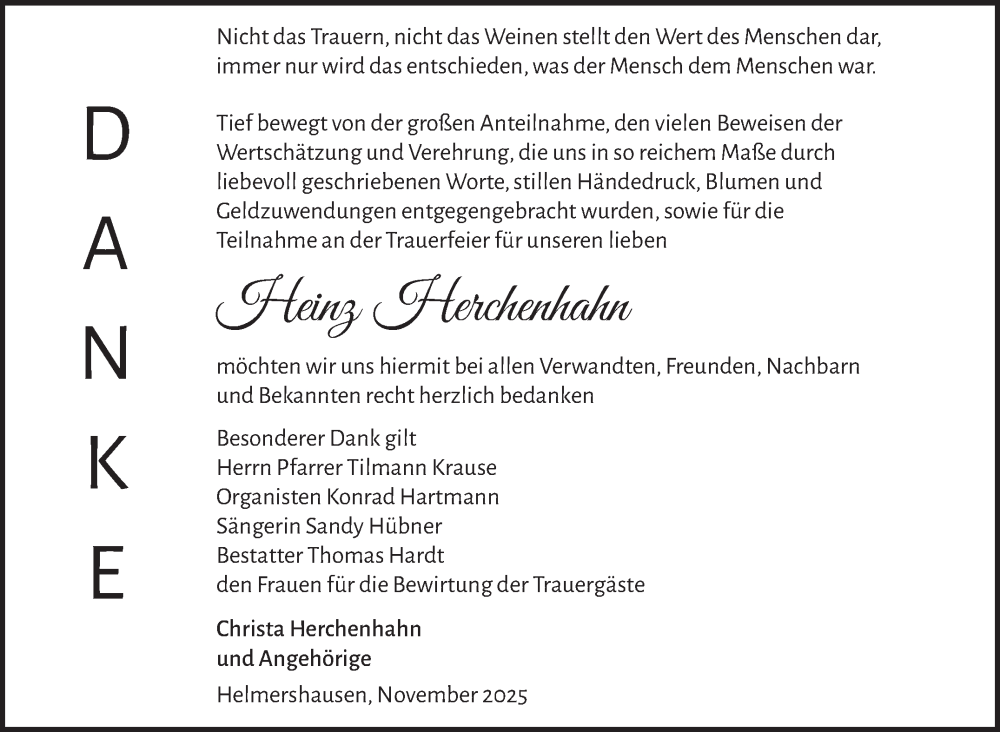  Traueranzeige für Heinz Herchenhahn vom 22.11.2025 aus Südthüringer Presse