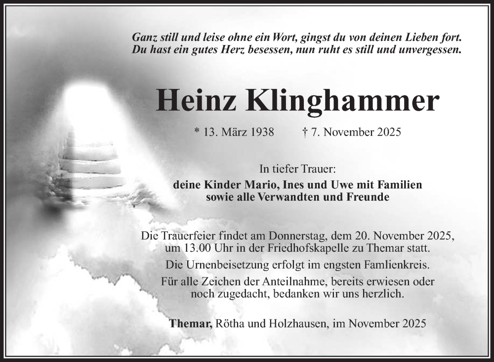  Traueranzeige für Heinz Klinghammer vom 15.11.2025 aus Südthüringer Presse