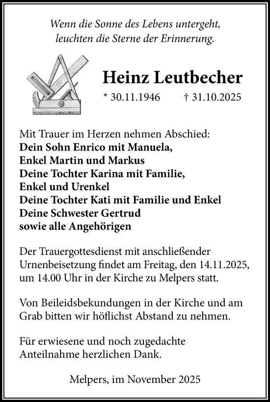 Traueranzeige von Heinz Leutbecher von Südthüringer Presse