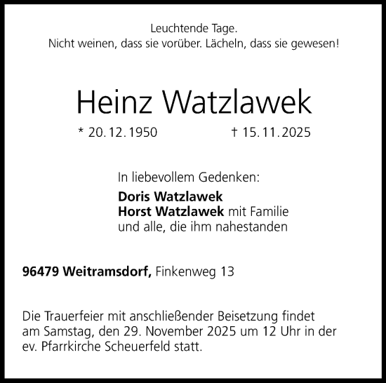 Traueranzeige von Heinz Waztlawek von Neue Presse Coburg