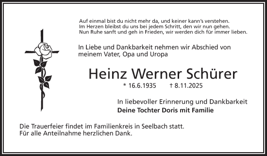 Traueranzeige von Heinz Werner Schürer von Frankenpost