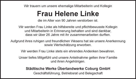 Traueranzeige von Helene Linke von Neue Presse Coburg