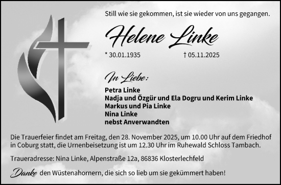 Traueranzeige von Helene Linke von Neue Presse Coburg