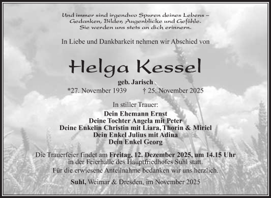 Traueranzeige von Helga Kessel von Südthüringer Presse