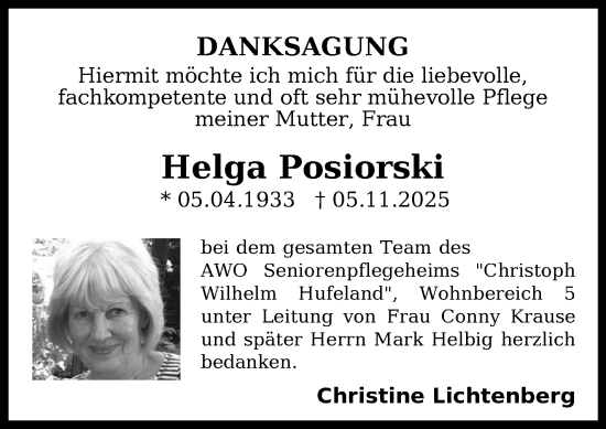 Traueranzeige von Helga Posiorski von Südthüringer Presse