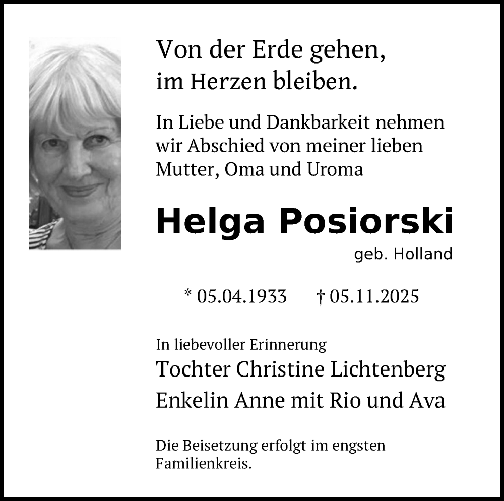  Traueranzeige für Helga Posiorski vom 26.11.2025 aus Südthüringer Presse