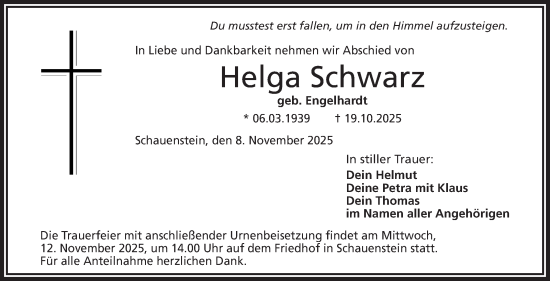 Traueranzeige von Helga Schwarz von Frankenpost