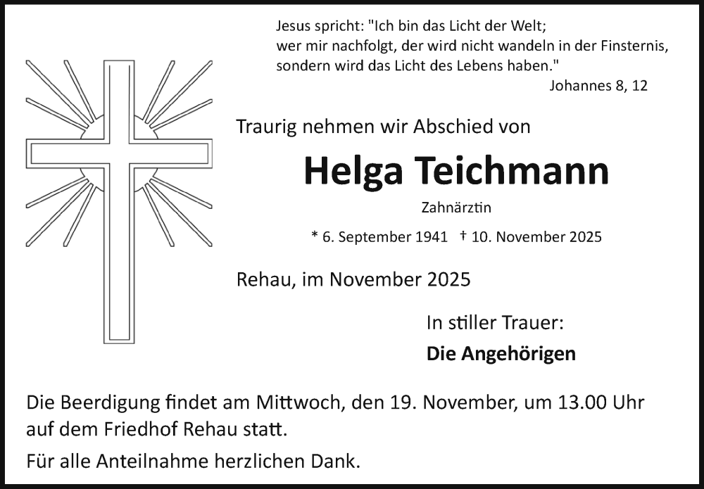  Traueranzeige für Helga Teichmann vom 15.11.2025 aus Frankenpost