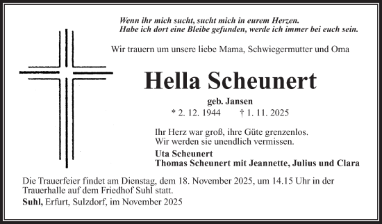 Traueranzeige von Hella Scheunert von Südthüringer Presse