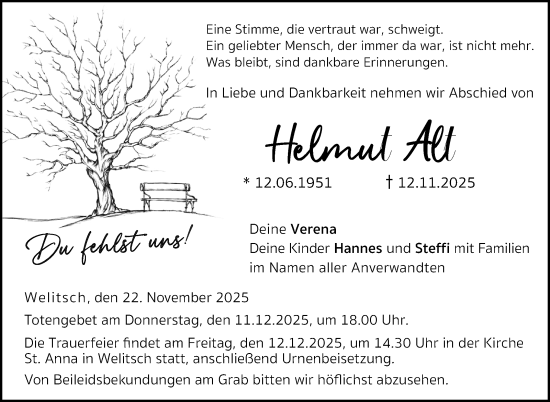 Traueranzeige von Helmut Alt von Neue Presse Coburg