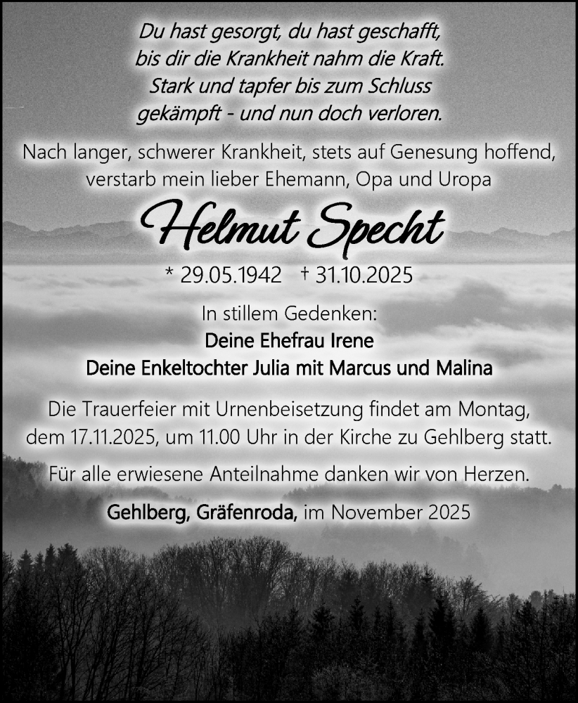  Traueranzeige für Helmut Specht vom 08.11.2025 aus Südthüringer Presse