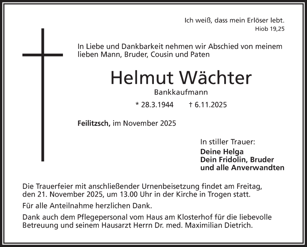  Traueranzeige für Helmut Wächter vom 15.11.2025 aus Frankenpost