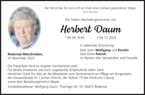 Traueranzeige von Herbert Daum von Neue Presse Coburg