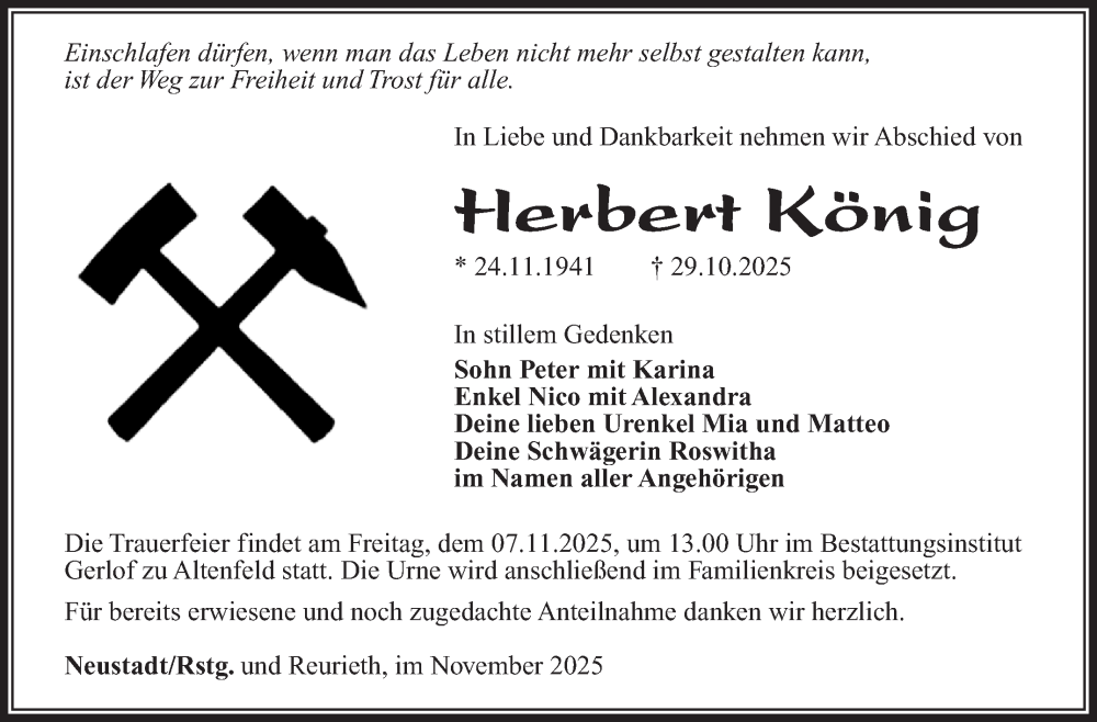  Traueranzeige für Herbert König vom 05.11.2025 aus Südthüringer Presse