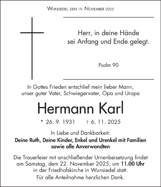 Traueranzeige von Hermann Karl von Frankenpost