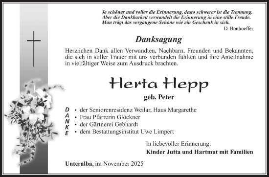 Traueranzeige von Herta Hepp von Südthüringer Presse