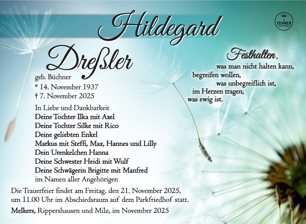  Traueranzeige für Hildegard Dreßler vom 14.11.2025 aus Südthüringer Presse