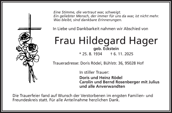 Traueranzeige von Hildegard Hager von Frankenpost