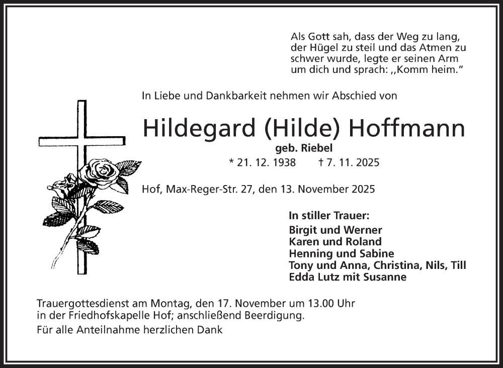  Traueranzeige für Hildegard Hoffmann vom 13.11.2025 aus Frankenpost